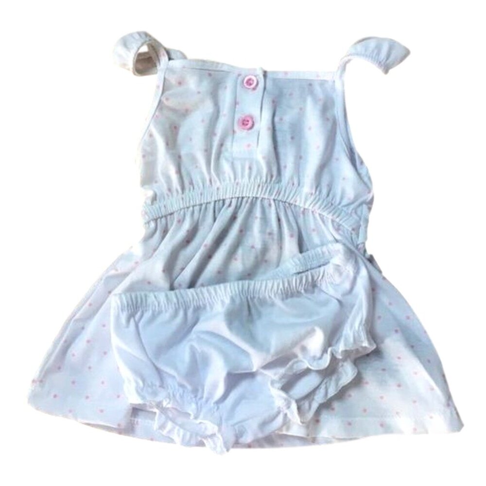 Sweet & Soft Sundress with Bloomers, 3-6 M, White with Pink Dots & Buttons, New